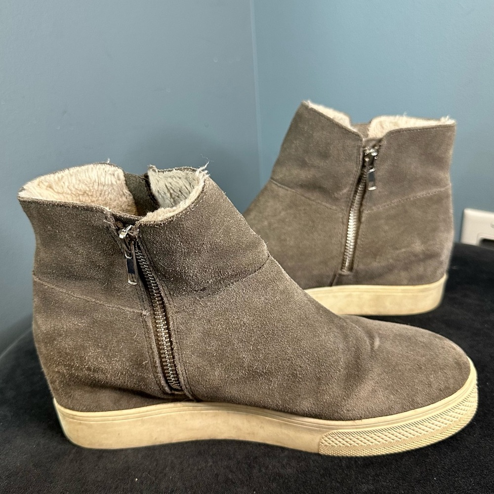 Steve Madden Women's Wanda Faux Fur Wedge Sneaker in Taupe Suede - Picture 4 of 9